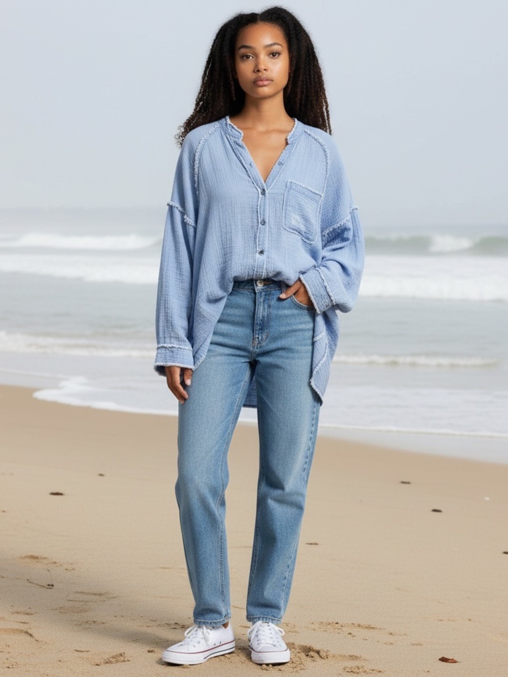 Aerie distressed oversized beach cover up size XL oversized blue washed